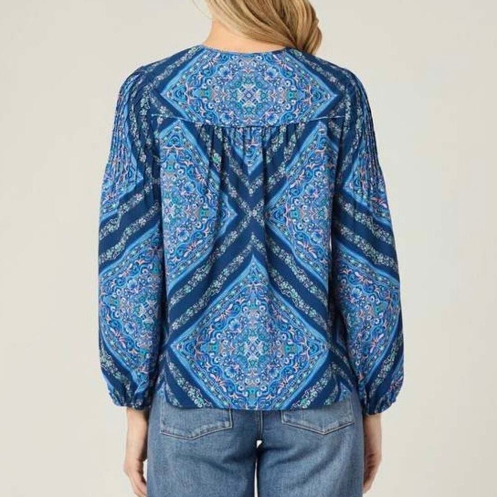 Shoshanna Lara Crepe de Chine Top in "Atlantic Tile Print" Blue Boho Size XS - Picture 3 of 11
